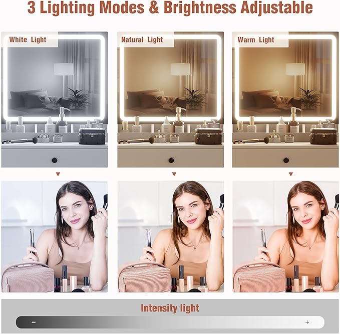 KAMABOKO Vanity Desk with Lighted and Mirror, White Makeup Table with Drawers and Charging Station, 3 Model Adjustable for Bedroom & Dressing Room (007 White)