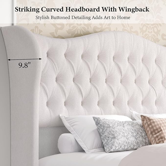 koorlian King Size Bed Frame,Chenille Upholstered Sleigh Bed with Scroll Wingback Headboard & Footboard,Luxury & Soft Button Tufted Modern Bed,Easy Assembly,No Box Spring Needed
