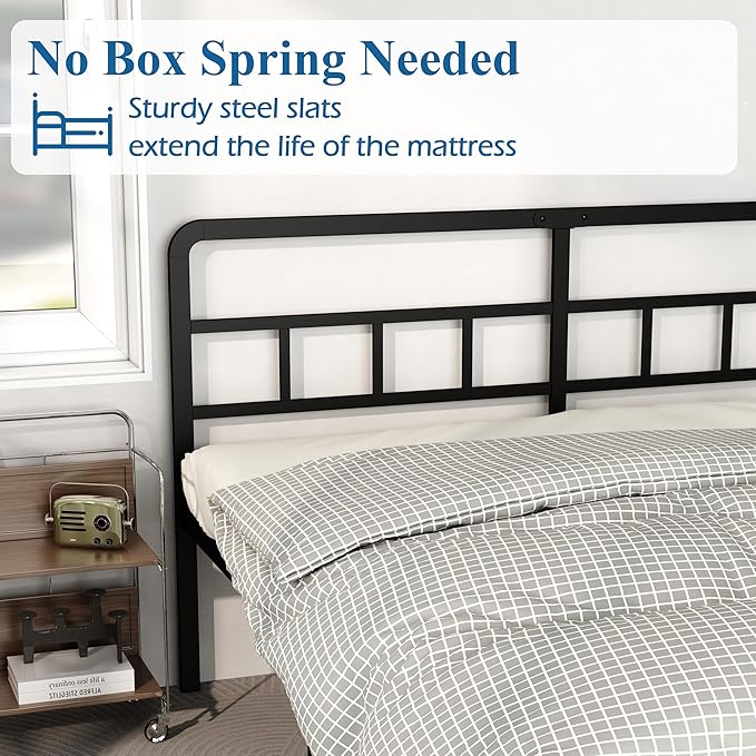 DiaOutro King Size Bed Frame with Headboard, 18 Inch Metal Platform No Box Spring Needed Heavy Duty Steel Slat Mattress Foundation/Easy Assembly/Noise Free/Black