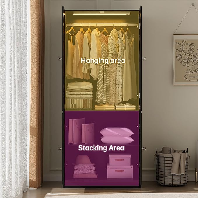 VOWNER 75" Tall Armoire Wardrobe Closet with Drawers & Lights, Clothing Storage Cabinet with 2 Glass Doors & Hanging Rod, Wooden Armoire Storage Cabinet for Bedroom (Black, 75''H)