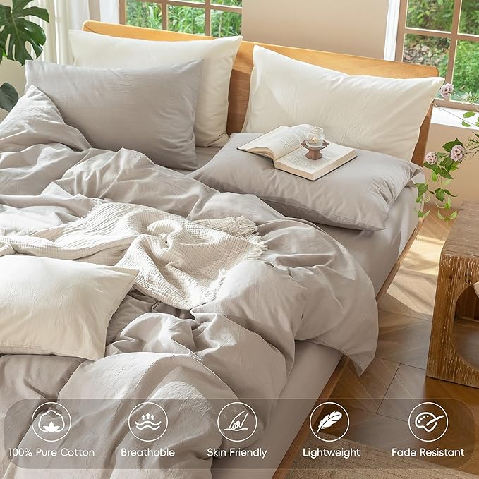 MooMee Bedding Duvet Cover Set 100% Washed Cotton Linen Like Textured Breathable Durable Soft Comfy (Heathered Cream Grey, Full 80"x90")