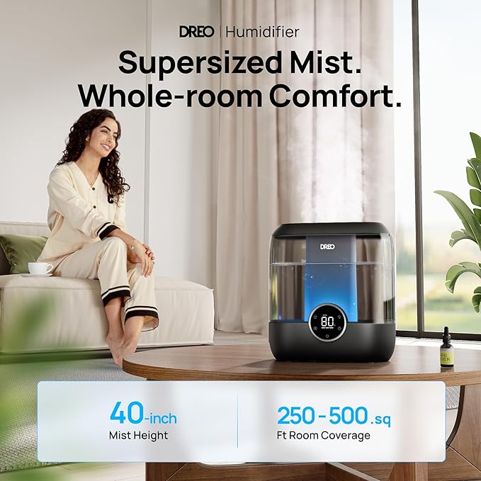 DREO 6L Top Fill Humidifiers for Bedroom, 60H Runtime, 28 dB Quiet Supersized Cool Mist Humidifiers for Large Room, Ultrasonic Humidifier for Home, Plant, Baby, Night Light, Indoor