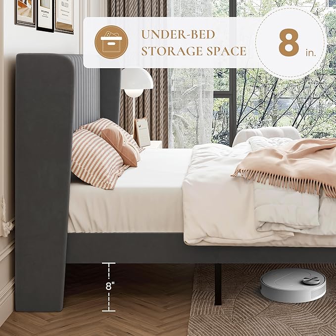 SHA CERLIN Queen Size Velvet Bed Frame with Vertical Channel Tufted Wingback Headboard, Upholstered Platform Bed with Wood Slats, No Box Spring Needed, Easy Assembly, Grey