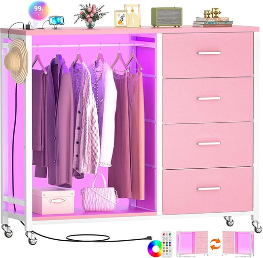Cyclysio Dresser with Hanging Rack, 4 Fabric Drawers Dresser with Clothes Rack, Wooden Top Storage Chest of Drawers with Charging Station & LED Lights, Lockable Wheels, Closet