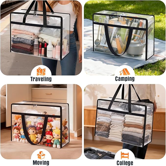 Clear Under Bed Storage Containers - 8 Pack Large Capacity Clothes Storage Bags with Lid & Sturdy Handles, Foldable Moving Bags, Clothing Organizer Totes for Bedding, Comforter, Sheet（40 L）