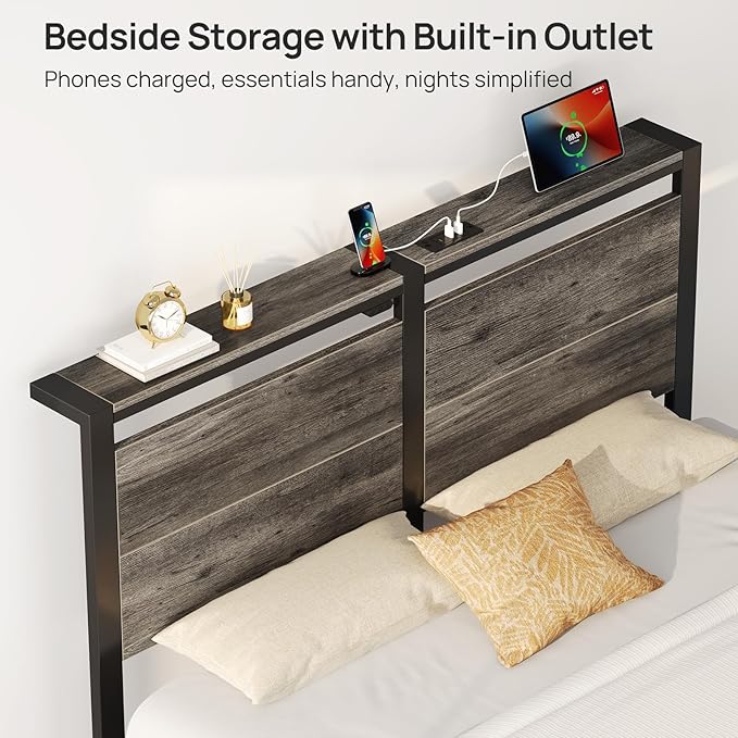 Rolanstar Queen Bed Frame with Charging Station, LED Bed Frame Queen with Wood Storage Headboard, Platform Bed with Metal Slats & Under Bed Storage, No Box Spring Needed, Noise Free, Deep Grey