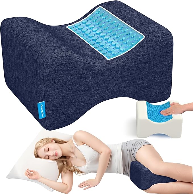 Knee Pillow for Side Sleepers with Cooling Gel, Memory Foam Elevation Pillow for Spine Aligning, Sciatica, Back, Hip, Knee, Ankle Pain, Blue/Regular