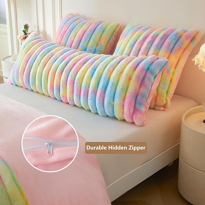 MEGO Fluffy Faux Rabbit Fur Body Pillow Cover, Luxury Plush Fuzzy Striped 20x54 Tie Dye Body Pillowcase Bedroom, Shaggy Furry Zippered Bedroom Long Pillow Case for Pregnant Women Side Sleeper, Rainbow