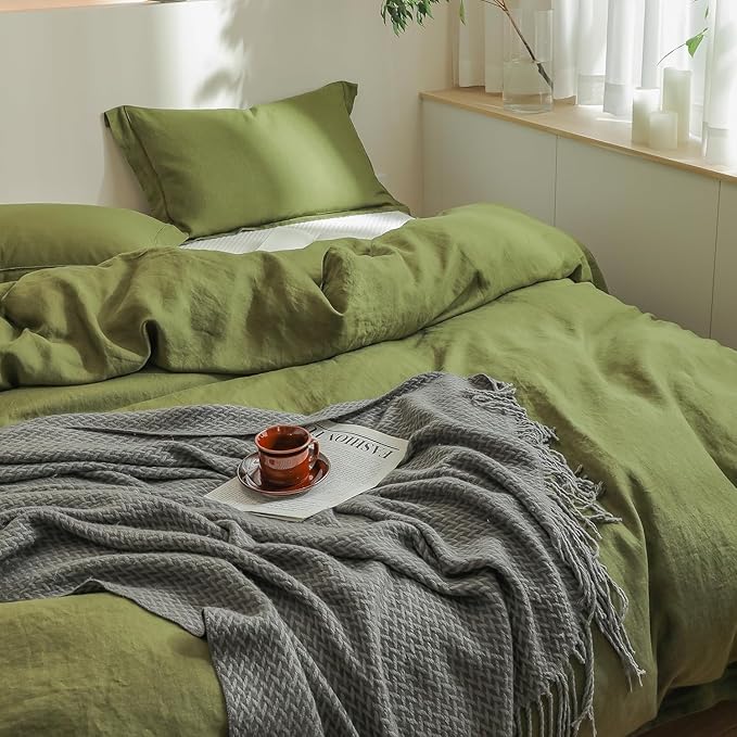 Simple&Opulence 100% Linen Duvet Cover Set with Embroidery Border Washed - 3 Pieces (1 Duvet Cover & 2 Pillow Shams) with Button Closure Soft Breathable Farmhouse - Olive, Queen Size