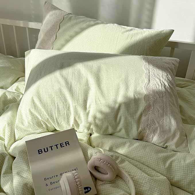 mixinni Green Gingham Duvet Cover Twin Size - 3 Piece Cottagecore Plaid Bedding Set with Lace Trim, Soft Washed Microfiber Vintage Aesthetic Grid Comforter Cover & Pillow Shams, (Green White Gingham)