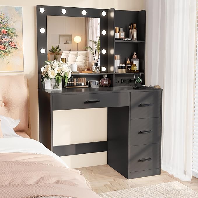 Furmax Vanity Desk with LED Lighted Mirror&Power Outlet, 39.3’’ Makeup Vanity Table with 4 Drawers and 3 Storage Shelves, Adjustable 3 Lighting Colorfor Bedroom&Dressing Room (Black)