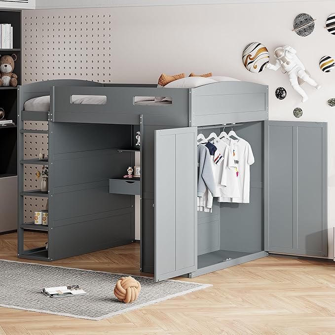 Multi-Functional Full Size Loft Bed with Built-in Desk and Wardrobes, Solid Wood Loft Bed Frame with 4 Drawers and 4 Shelves for Kids Teens Boys Adults, Maximize Space (Gray-F)