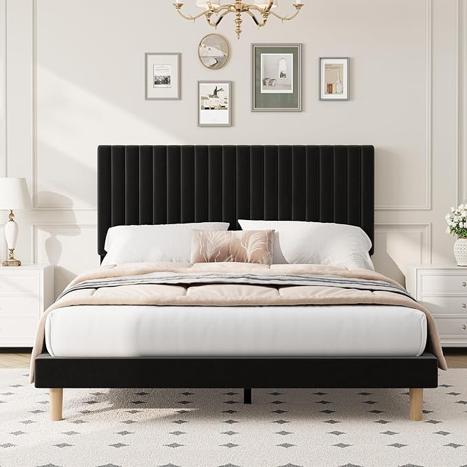 IDEALHOUSE Queen Size Bed Frame with Adjustable Headboard, Velvet Upholstered Platform Queen Bed Frame, Vertical Channel Tufted, Strong Wooden Slats, No Box Spring Needed, Easy Assembly, Black