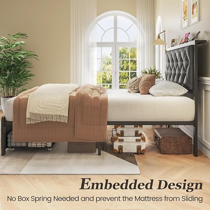 Fluest Twin Bed Frame with Storage Drawer, Upholstered Headboard Button Tufted Bed Frame with Charging Station, No Box Spring Needed, Noise-Free, All Metal Structure, Black