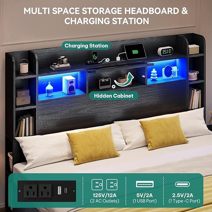 DWVO Queen Size Bed Frame with Bookcase Headboard and 4 Storage Drawers, RGB LED Bed Frame with Type-C & USB Charging Station Storage Headboard Bed, No Box Spring Needed, Noise Free, Black