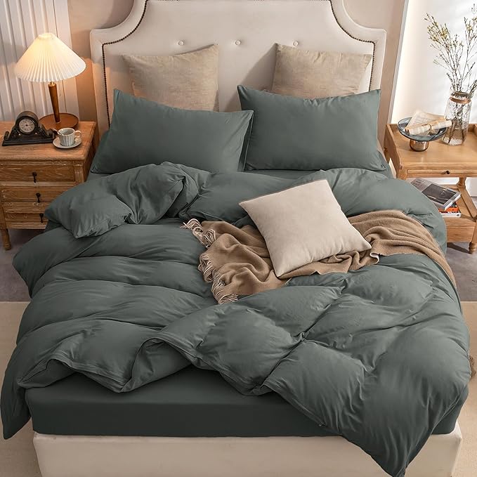 PURE ERA Jersey Knit Duvet Cover Set 100% T-Shirt Cotton Super Soft Comfy 3pc Bedding Set with Zipper Closure (Solid Dark Greenish Gray, Queen)