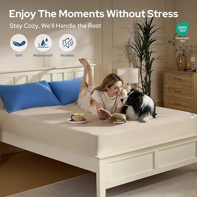 BEDLORE California King Size Mattress Protector, Waterproof Noiseless Mattress Cover with Stretchable Pockets for 6-15 inches Mattress, Soft Breathable Mattress Pad for College Dorm (Beige)