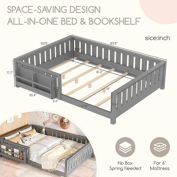 Bellemave Queen Floor Bed Frame with Fence & Bookshelf, Solid Pinewood Montessori Floor Bed Frame Queen with Slats Load 550LBS, Low Floor Bed for Kids, Bedroom, Nursery, Easy Assembly, Grey