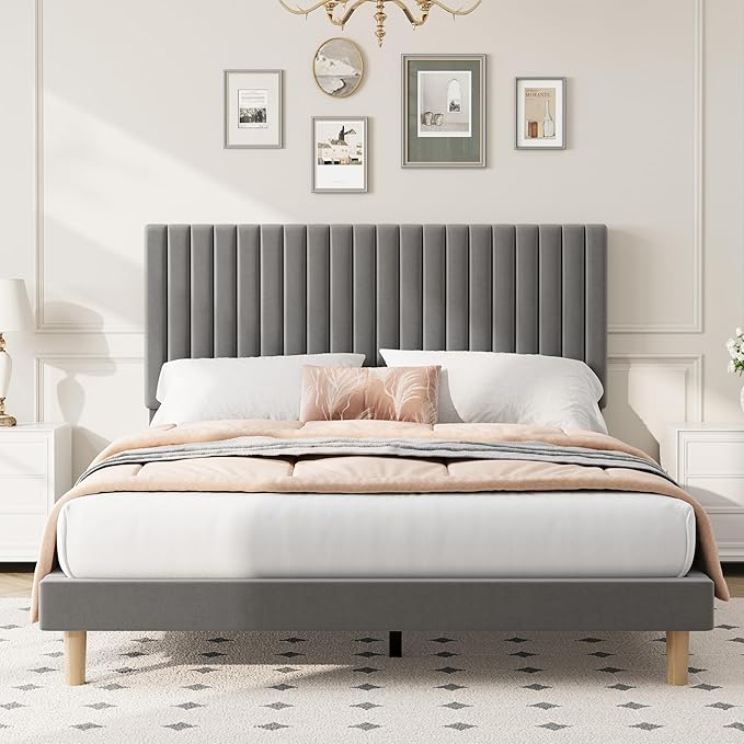 IDEALHOUSE Full Bed Frame with Adjustable Headboard, Velvet Upholstered Platform Bed Frame Full Size, Vertical Channel Tufted, Strong Wooden Slats, No Box Spring Needed, Easy Assembly, Grey