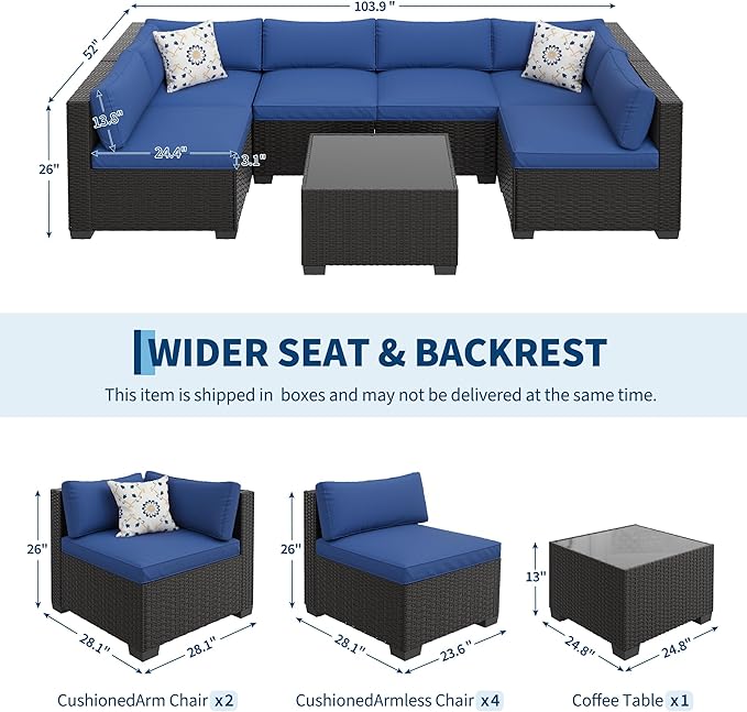 7-Piece Outdoor Patio Furniture Set, Modular Sectional Sofa with Water-Resistant Washable Thick Cushions & Coffee Table, Rattan & Wicker Conversation Set, Brown Frame (Black Wicker & Blue Cushions)