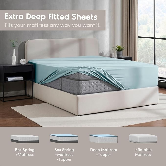 Nestl Light Blue Extra Deep Pocket Twin Fitted Sheet Kids, Luxury Twin Size Fitted Sheet Only Easily Fits 18 to 24 Inch Mattress, Super Soft, Wrinkle-free, and Breathable Bed Sheets with Corner Straps