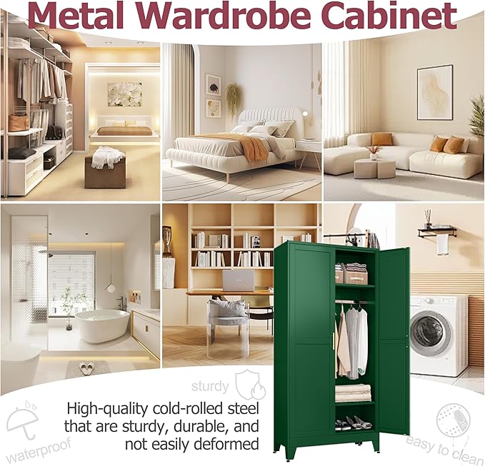 GAIOUS Metal Wardrobe Cabinet with Hanging Rod, 71" Metal Clothing Storage Cabinets with 2 Doors and Adjustable Shelves, Green Armoire Wardrobe Closet for Bedroom, Laundry Room, Cloak Room