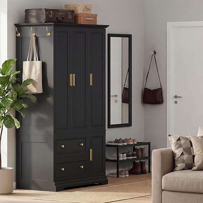YESHOMY Armoire Wardrobe Closet with Drawers, 70.9" H x 21.1" D Wooden Closet with Hanging Rod, Fixed Shelves & Bottom Cabinet, Soft-Close Doors, Ball-Bearing Slides (Black)