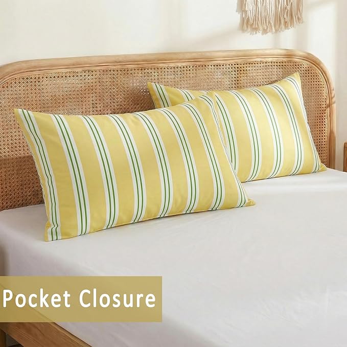 Merryword Queen Size Pillowcases, 100% Cotton Pillow Cases, Yellow and Green Striped Pillowcases, Soft Breathable Ribbon Stripe Pillow Covers, Set of 2