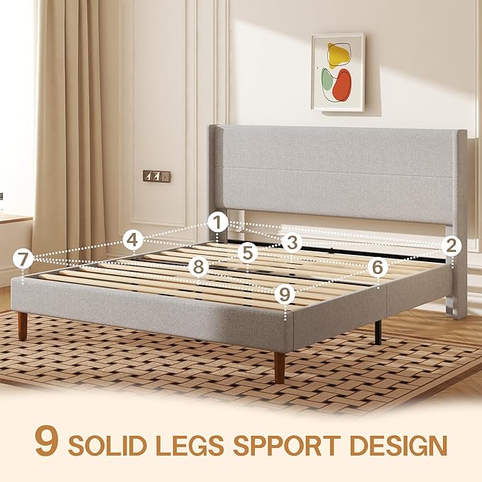 King Size Bed Frame, Linen Upholstered Platform with Wingback Headboard, Wooden Slats Support, No Box Spring Needed, Easy Assembly, Lightgrey