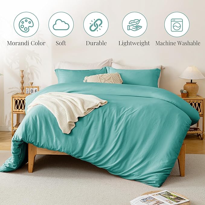 MILDLY Super Soft Duvet Cover - 100% Washed Microfiber Turquoise Comforter Cover Set 3 Pieces with Zipper Closure & Corner Ties (No Comforter)