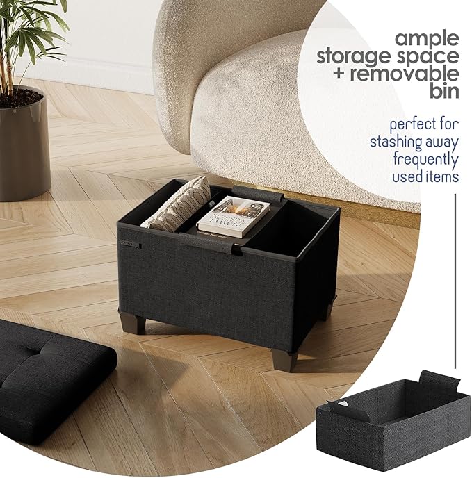 Storage Ottoman Cube with Small Bin, 16-in Square Ottoman with Storage for Living Room and Bedroom, Small Ottomans Foot Rest, Fabric Foot Stools Ottomans Max 330lbs, Black
