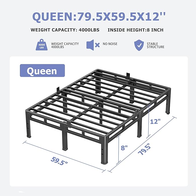 NKZ 12 Inch Queen Size Bed Frame, Metal Bed Frame & Box Spring 2 in 1 Platform with Round Corner Legs, 4000Lbs Heavy Duty Metal Frame, Mattress Slide Stopper, Headboard Hole, Noise-Free, Easy Assembly