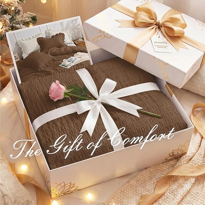 JOLLYVOGUE Full Size Comforter, 3 Pieces Oak Brown Seersucker Lightweight Full Size Bedding, All Season Fluffy Microfiber Bedding Comforter Set with 1 Ruffle Comforter and 2 Ruffle Pillowshams