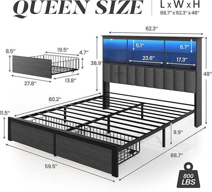 Lifezone Queen Bed Frame with Headboard, Queen Bed Frame with High Storage Bookcase Headboard, 2 Storage Drawers & Charging Station, No Box Spring Needed/Noise Free/All-Metal Support, Rustic Grey