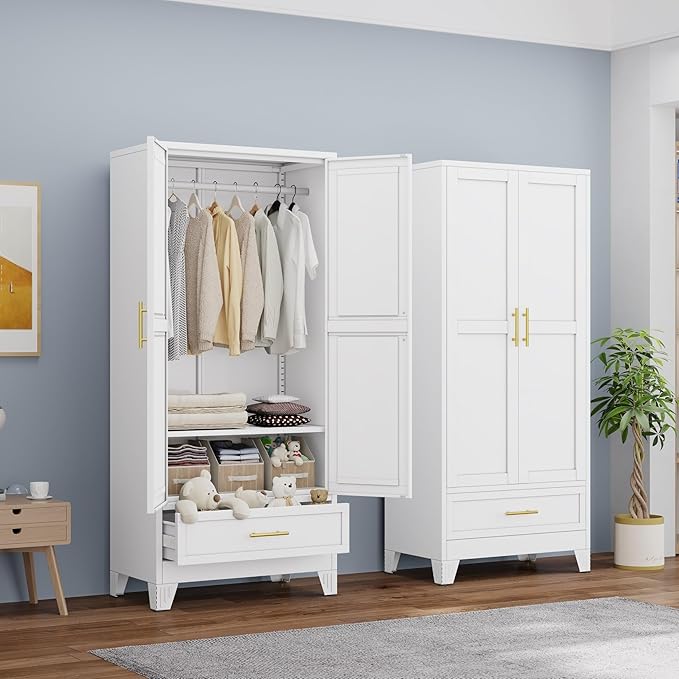 Metal Armoire Wardrobe Closet with Hanging Rod, Clothing Storage Cabinet with Adjustable Shelf and Drawer for Laundry Room, Bedroom, Home Office, Bathroom, 71" White Large Capacit
