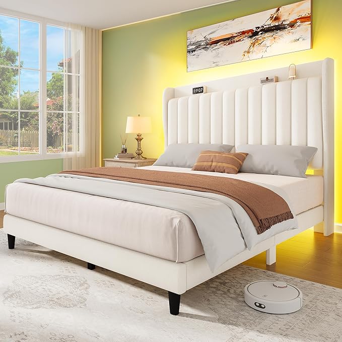 YITAHOME Queen Bed Frame with Adjustable Velvet Wingback Headboard 43.3"-47.4", Upholstered Platform Bed with LED Lights, Solid Wood Slat Support, No Box Spring Needed,Beige