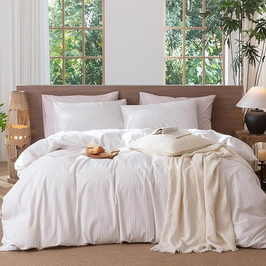 MooMee Striped Duvet Cover Set 100% Washed Cotton Linen Like Textured Breathable Durable Soft Comfy (White Heathered Greyish Pink Wide Stripes, Cal King 104"x98")