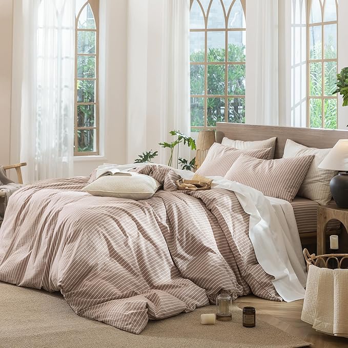 MooMee Striped Duvet Cover Set 100% Washed Cotton Linen Like Textured Breathable Durable Soft Comfy (Orange White Wide Stripes, Twin 68"x90")