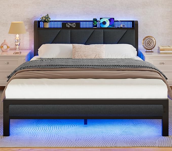 Furnulem Queen Bed Frame with Headboard and Storage Shelf, LED Light and Charging Station, Metal Platform Bed with Heavy Duty Slats, No Box Spring Needed, Noise Free & Easy Assembly