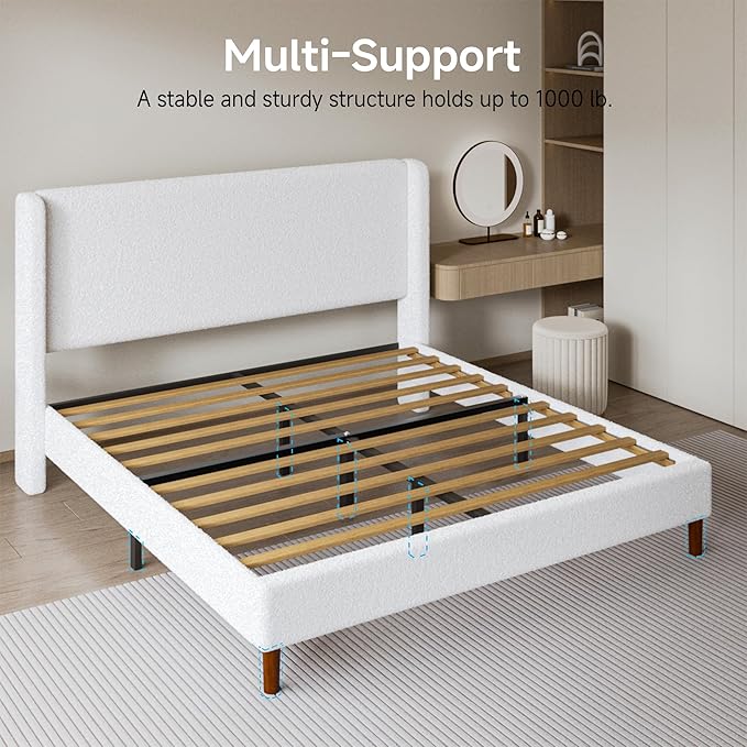 Queen Boucle Bed Frame, Platform Bed with Upholstered Wingback Headboard, Strong Wooden Slats Support, Noise-Free, Easy Assembly, No Box Spring Needed, White