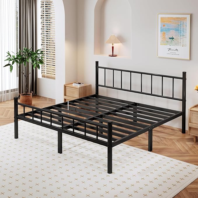 zizin Full Size Metal Bed Frame with Headboard & Footboard 14 Inch Metal Platform Mattress Foundation Support with Steel Slat, Under Bed Storage, No Box Spring Needed