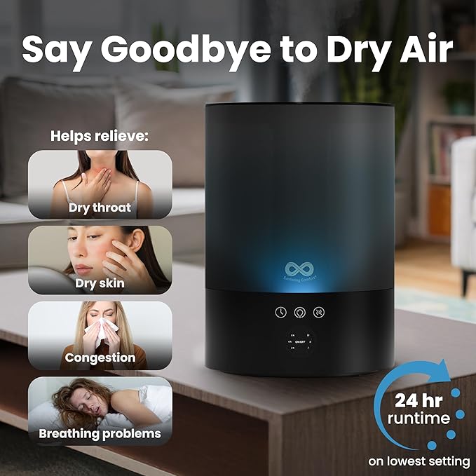 Everlasting Comfort 2.5L Top Fill Humidifier for Bedroom – Quiet, Easy to Fill & Clean, 24HR Runtime, Night Lights, Timer, Ultrasonic Cool Mist, Auto Shut-Off for Indoor Use - Black
