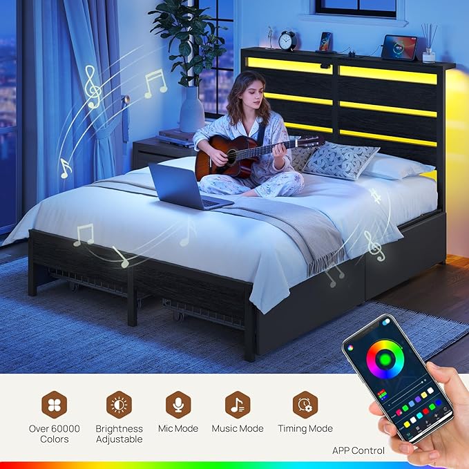 Rolanstar Queen Bed Frame with 4 Drawers, LED Lights and Charging Station, Metal Platform Bed with Storage Headboard, Noise Free, Easy Assembly, No Box Spring Needed, Black