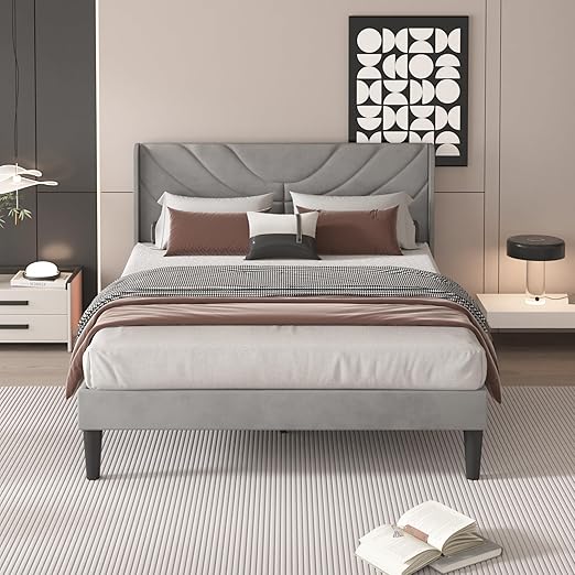 VECELO Upholstered Platform Queen Bed Frame with Fabric Headboard,Wooden Slats Support/No Box Spring Needed/Mattress Foundation,Dark Grey