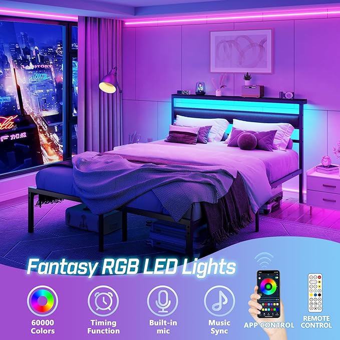 Ourpic Queen Bed Frame with Led Lights and Charging Station, Bed Queen Size Frame with Headboard and Under Bed Storage, Black Metal Platform Bedframe and Storage Shelf, Easy Install
