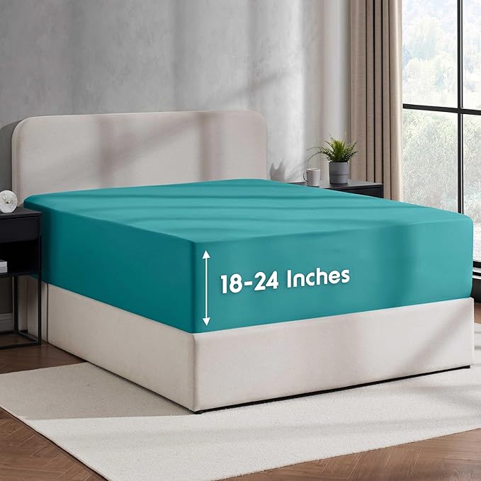 Nestl 2 Pack Teal Fitted Sheet Extra Deep Pocket, Hotel Luxury KingFitted Sheet Only Easily Fits 18 to 24 Inch Mattress, Super Soft, Wrinkle-Free and Breathable with Corner Straps