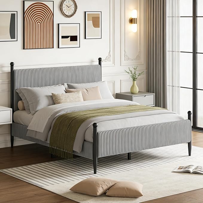 Garvee Full Size Upholstered Bed Frame - with Velvet Headboard, Soft Corduroy Fabric Platform with Wooden Slats Support & Heavy Duty Feet, No Box Spring Needed, Noise Free, Easy Assembly, Grey