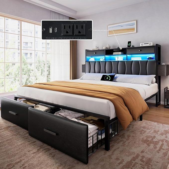 YITAHOME Queen Size with 2 Storage Drawers and Charging Station, Upholstered Bed with Storage Headboard and LED Light, Heavy Duty Metal Support, No Box Spring Needed, Noise Free, PU Leather Black