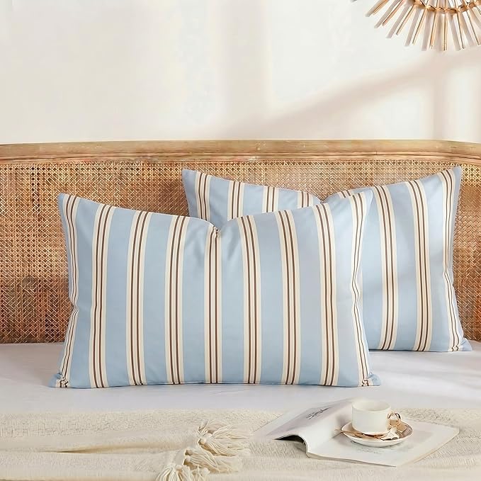 Merryword Queen Size Pillowcases, 100% Cotton Pillow Cases, Light Blue Striped Pillowcases, Soft Breathable Ribbon Stripe Pillow Covers, Set of 2