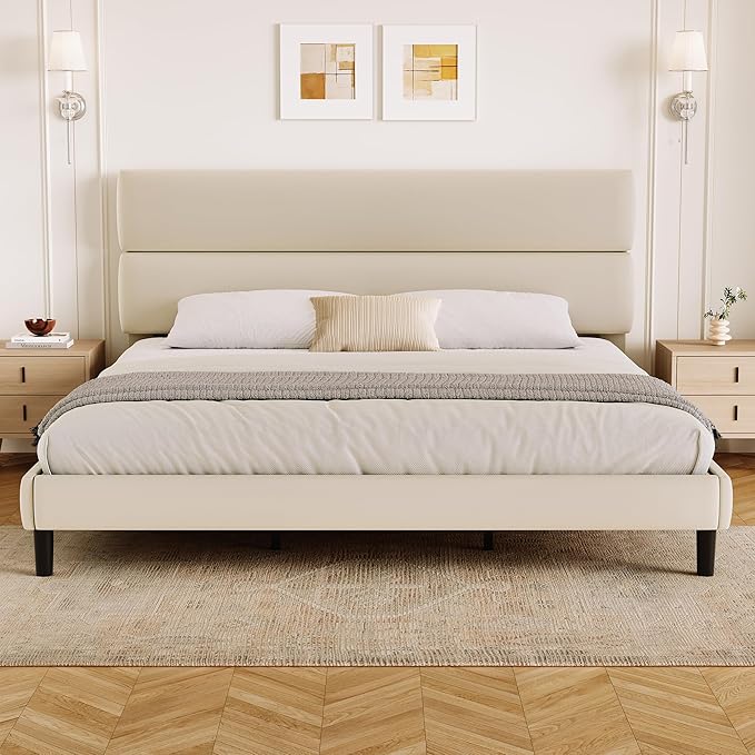 GRUSIGN King Size Platform Bed Frame with Velvet Headboard, Adjustable Height Wooden Slats Support, Upholstered Mattress Foundation, Fits Mattress or Mattress with Box Spring, Easy Assembly, Beige